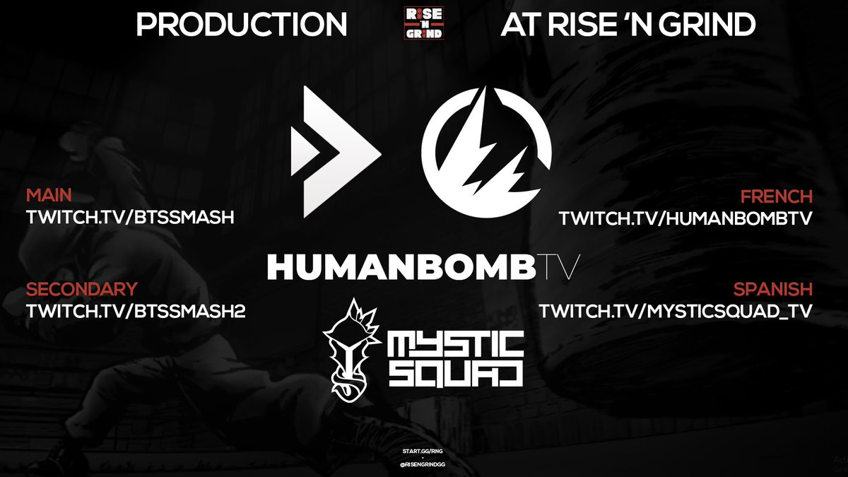 Meet the production <a href="/RiseNGrindGG/">Rise 'N Grind</a> 🥊

<a href="/DuoStudiosLLC/">Duo Studios 📽📸📡 ➡️ 2025/2026</a> will be producing the show on <a href="/BTSsmash/">Beyond the Smash</a>!

🇺🇸: twitch.tv/btssmash
🇺🇸: twitch.tv/btssmash2

@Humanbomb &amp; <a href="/mysticsquad_tv/">Mystic Squad</a> will be part of the in-house show as well!

🇫🇷: twitch.tv/humanbombtv
🇪🇸: twitch.tv/mysticsquad_tv