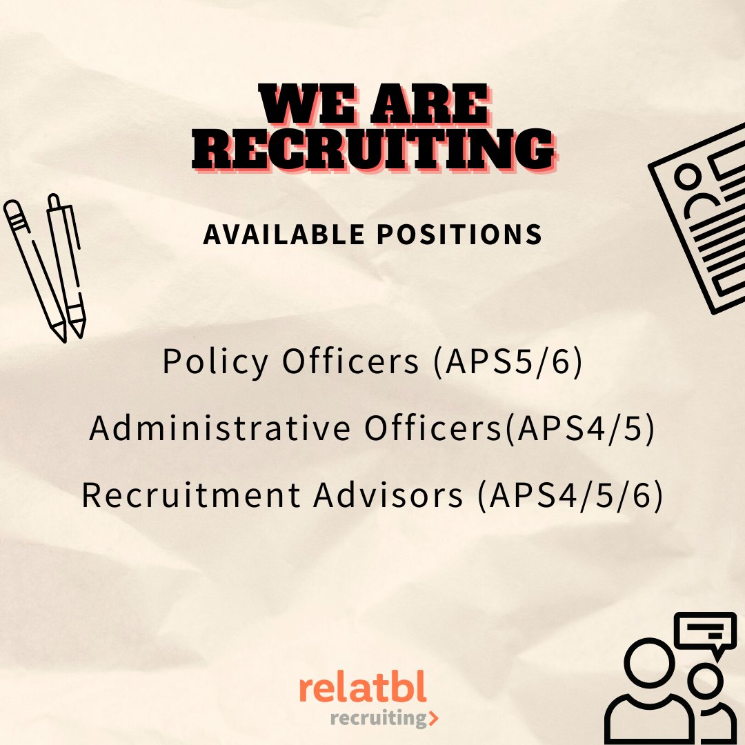 Relatbl1's tweet photo. We're recruiting:

#PolicyOfficers
#AdministrativeOfficers #AdminOfficers
#RecruitmentAdvisors #Recruiters

Roles are in #Canberra. For details, contact:

brydie.murphy@relatbl.com.au 
deedee.allison@relatbl.com.au 
felix.krecak@relatbl.com.au 

#canberrajobs #CBR #CBRjobs https://t.co/D9Qe5gwCzS