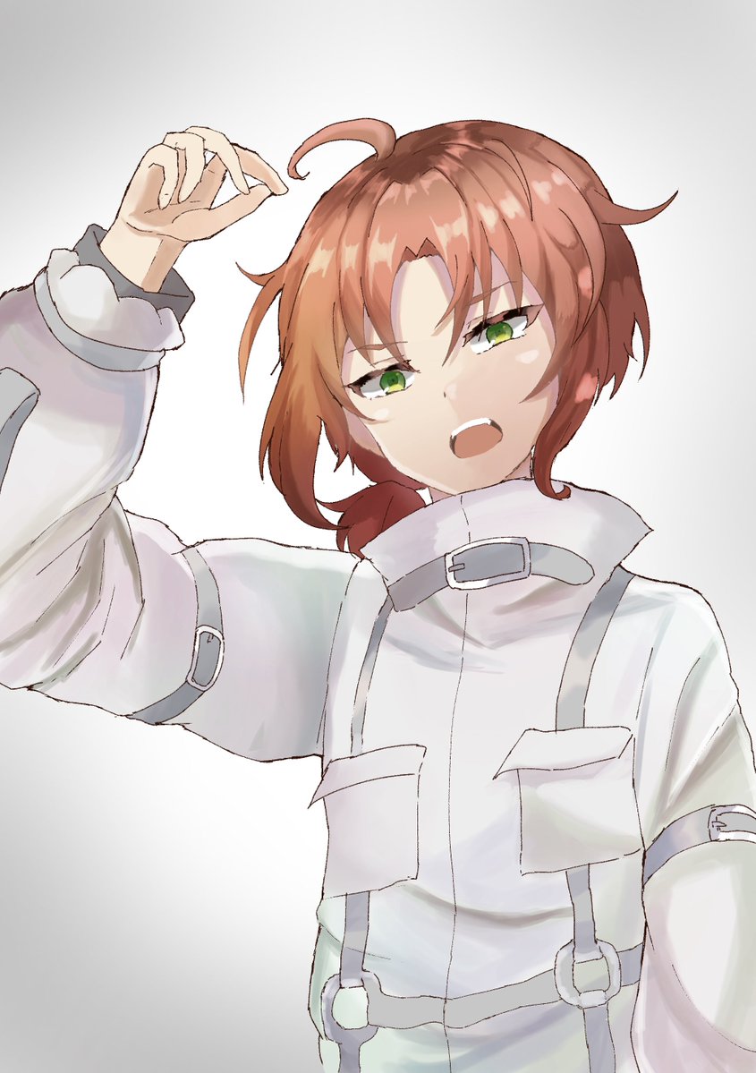 1boy green eyes male focus solo open mouth long sleeves ahoge  illustration images