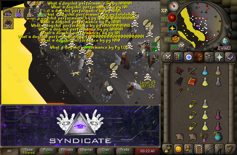 SyndicateOSRS's tweet image. Tonight was very eventful for the Syndicators. We fought @DeathrowRS for a solid 40 minutes (2 different rounds), deleted @PurgatoryRs&apos;s crash attempt, and fought a couple @BeyondControlRS guys that were chasing PY around. As always tyff DR.