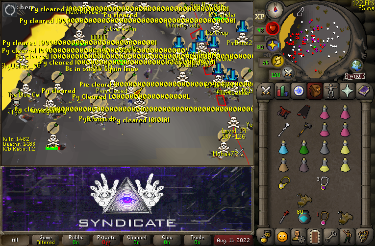 SyndicateOSRS's tweet image. Tonight was very eventful for the Syndicators. We fought @DeathrowRS for a solid 40 minutes (2 different rounds), deleted @PurgatoryRs&apos;s crash attempt, and fought a couple @BeyondControlRS guys that were chasing PY around. As always tyff DR.
