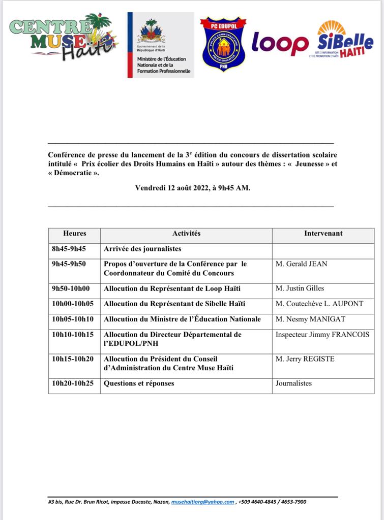 HaitiMuse's tweet photo. CEMUH et ses partenaires invitent la presse parlée, écrite, télévisée et en ligne au lancement de la 3ème édition du concours national de dissertation, le 12 août 2022, 9h 45 à 11h 25 AM à la salle de conférence du Commissariat de Delmas 33.
#MENFP
#EDUPOL
#Loophaiti
#Sibelle https://t.co/KLb24508Y2