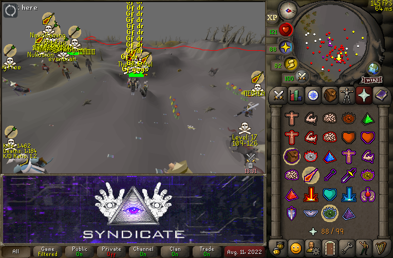 SyndicateOSRS's tweet image. Tonight was very eventful for the Syndicators. We fought @DeathrowRS for a solid 40 minutes (2 different rounds), deleted @PurgatoryRs&apos;s crash attempt, and fought a couple @BeyondControlRS guys that were chasing PY around. As always tyff DR.