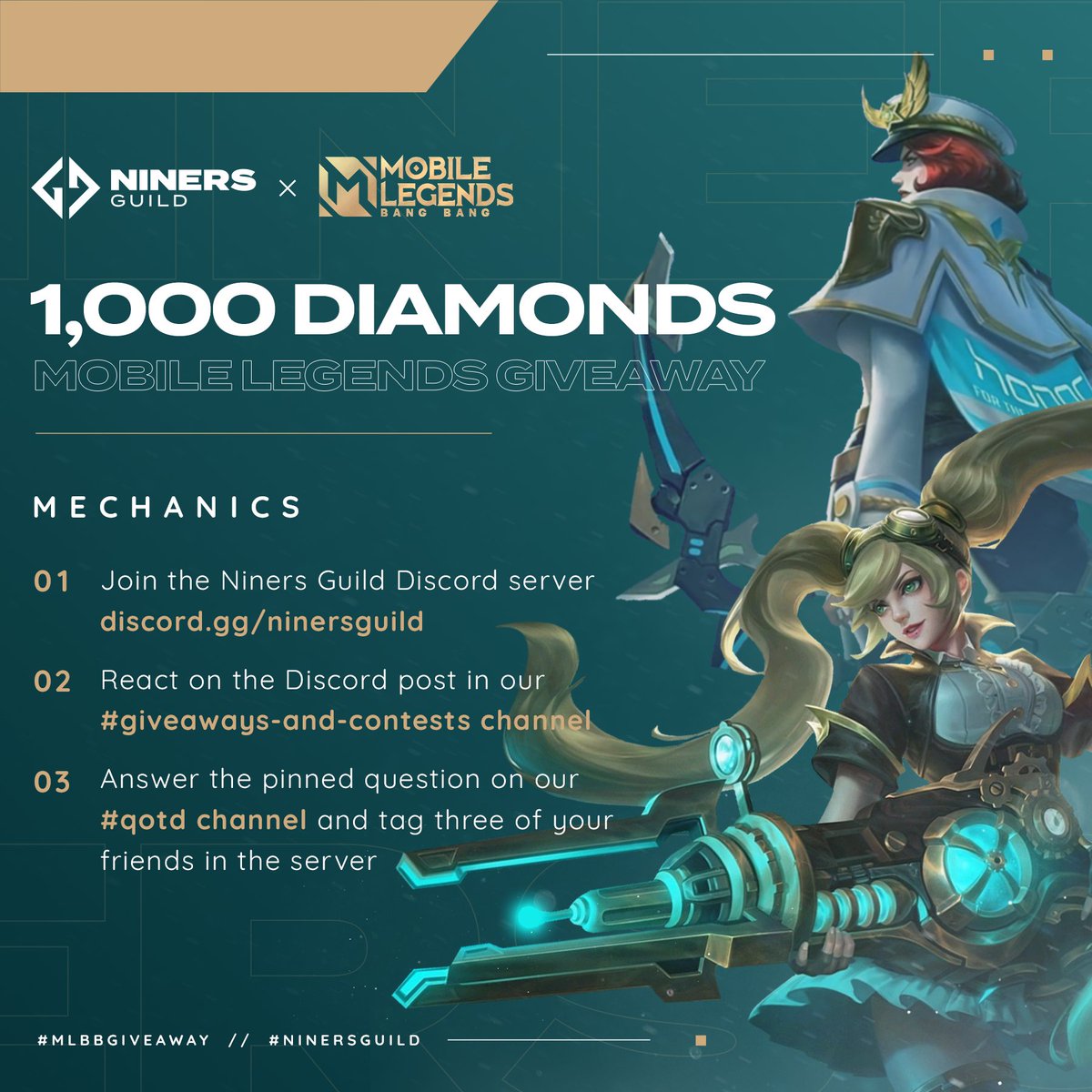 NinersGuild's tweet photo. We're giving away 1,000 Mobile Legends Diamonds 💎 to ❗️THREE❗️ lucky winners! 🎁

This giveaway ends on August 19, so join while you can! 🔥⚔️ #MLBB #MLdiamonds https://t.co/OPaeRCEppE