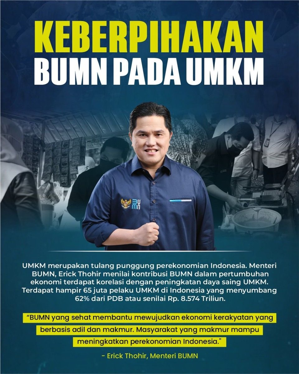 Sudah menjadi komitmen <a href="/erickthohir/">Erick Thohir</a> bahwa BUMN akan berpihak pada UMKM.
BUMN mmg 1/3 kekuatan ekonomi Indonesia, namun UMKM jg mjd tulang punggung perekonomian bangsa.
BUMN dan UMKM bisa saling bersinergi, wujudkan ekonomi kerakyatan yg berbasis adil &amp; makmur.

#BangkitBersamaET