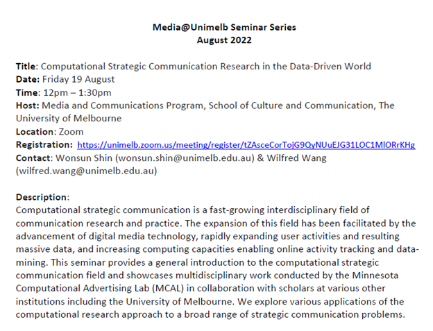 The next Media@UniMelb seminar introduces computational strategic communication as a new field of communication #research that brings #interdisciplinary scholars and knowledge together. Register via the link and all are welcome!! #mediaunimelb
unimelb.zoom.us/meeting/regist…