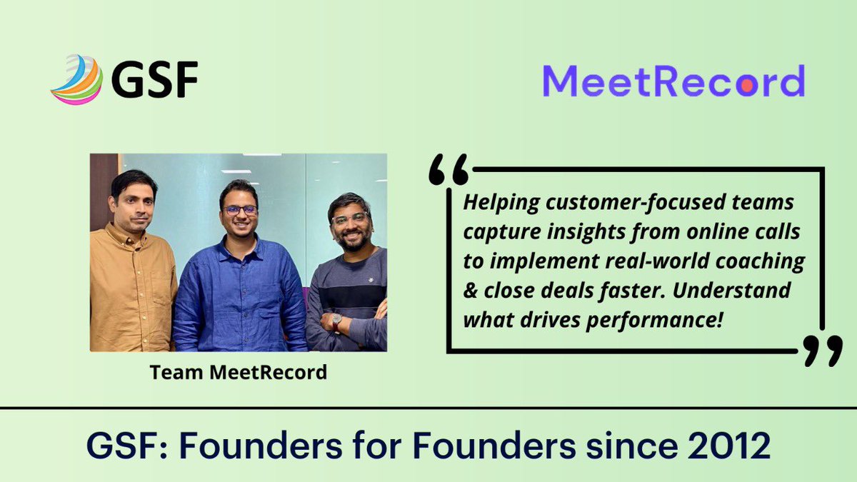 GSF Accelerator (@gsf_fund) on Twitter photo GSF Portfolio: MeetRecord
<a href="/MeetRecordHQ/">MeetRecord</a> provides a solution to record and analyze all online meetings to help CS & sales teams capture insights from online calls to accelerate coaching.
They're also backed by <a href="/All_IN_CAPITAL/">All In Capital</a> inc42.com/buzz/all-in-ca… @inc42
<a href="/rajeshsawhney/">Rajesh Sawhney 🇮🇳</a> <a href="/nlaiq/">Niyaz Laiq</a> GSF Portfolio: MeetRecord
<a href="/MeetRecordHQ/">MeetRecord</a> provides a solution to record and analyze all online meetings to help CS & sales teams capture insights from online calls to accelerate coaching.
They're also backed by <a href="/All_IN_CAPITAL/">All In Capital</a> inc42.com/buzz/all-in-ca… @inc42
<a href="/rajeshsawhney/">Rajesh Sawhney 🇮🇳</a> <a href="/nlaiq/">Niyaz Laiq</a>