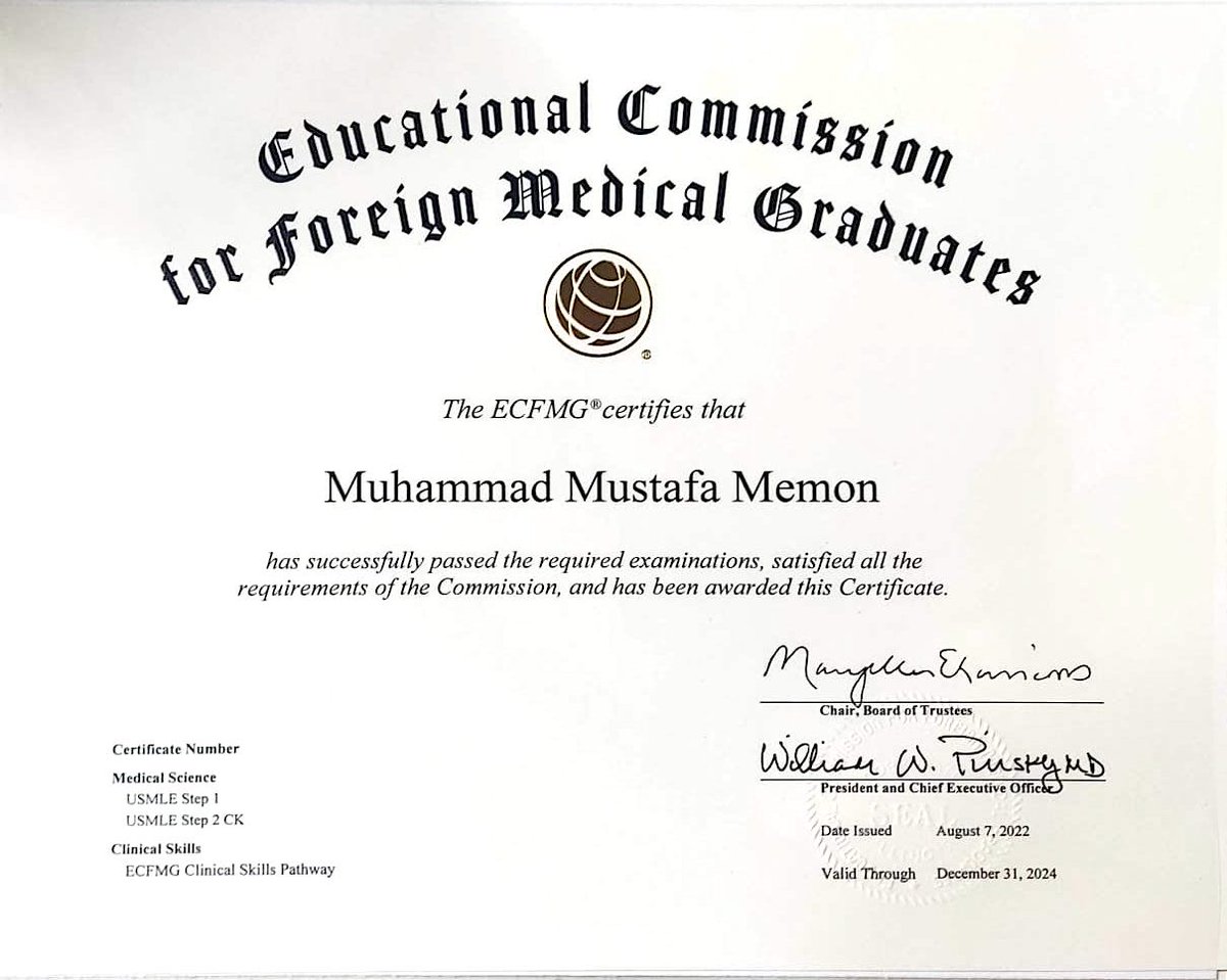 Mustafa_memon2's tweet photo. So grateful to finally be ECFMG Certified 🎉

#Match2023 Here I come! https://t.co/PMjPzAXnWf