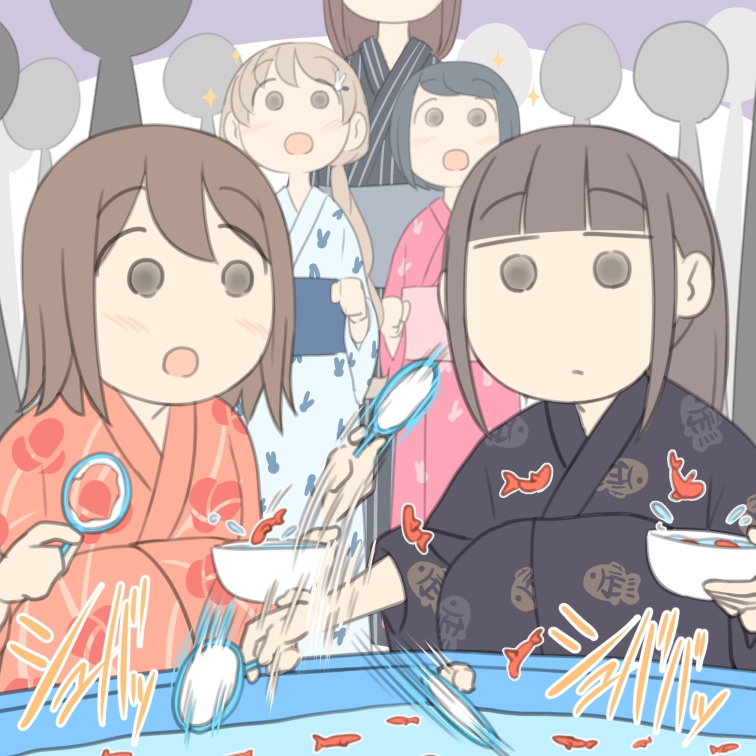 kimono japanese clothes multiple girls brown hair fish yukata goldfish  illustration images