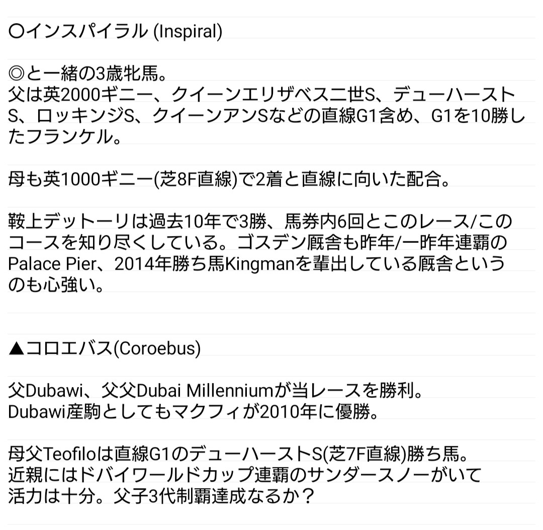 _lim_mu_'s tweet photo. #ジャックルマロワ賞
◎プロスパラスヴォイッジ
○インスパイラル
▲コロエバス
#血統 #予想
#ProsperousVoyage
#Inspiral
#Coroebus
#タイキシャトル
#スピニングワールド
#ダンチヒ系の5連覇に期待 https://t.co/fXTdgFhnE5