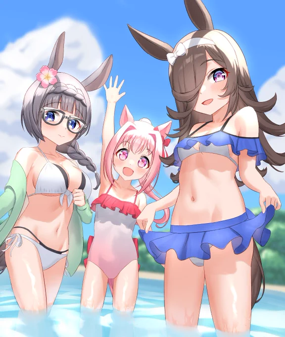 水着で海へ#ウマ娘#ライスシャワー#ハルウララ#ゼンノロブロイ 