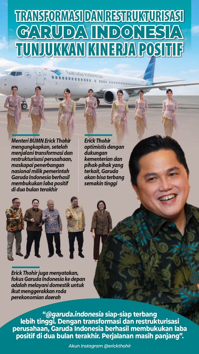 Menteri BUMN Erick Thohir mengungkapkan, setelah menjalani transformasi dan restrukturisasi perusahaan, maskapai penerbangan nasional milik pemerintah berhasil membukukan laba positif di dua bulan terakhir.

<a href="/erickthohir/">Erick Thohir</a> 
#BangkitBersamaET