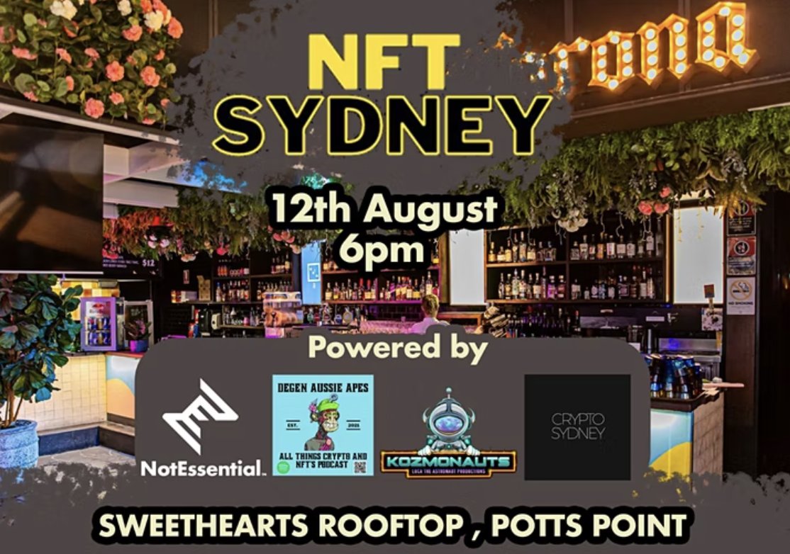 Can't wait to attend tonight's NFT rooftop party.
Looking forward to it.

#NFTCommunity #web3community #web3sydney
