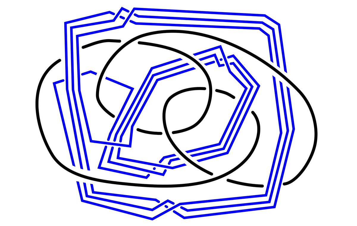 Like last week's tweet, this link consists of periodic orbits arising from a flow given by Arnold's cat map. The black curve is the period 1 orbit. The blue curve is another, much more interesting, orbit. This appeared in a paper of Birman and Williams in 1983. #KnotTheory