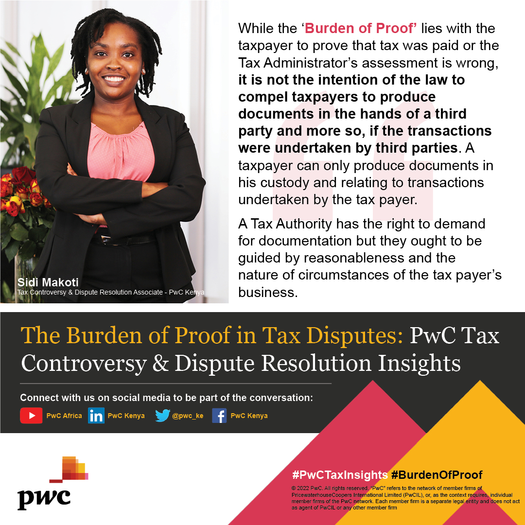 PwC_KE's tweet photo. Watch Sidi Makoti, a PwC Kenya Tax Associate in the Tax Controversy and Dispute Resolution team explain how to handle the Burden of Proof in relation to third parties. https://t.co/VQqVxX7RZe #TaxDisputeResolution #PwCKenyaTaxInsights #BurdenOfProof https://t.co/WoWD3gWY4v