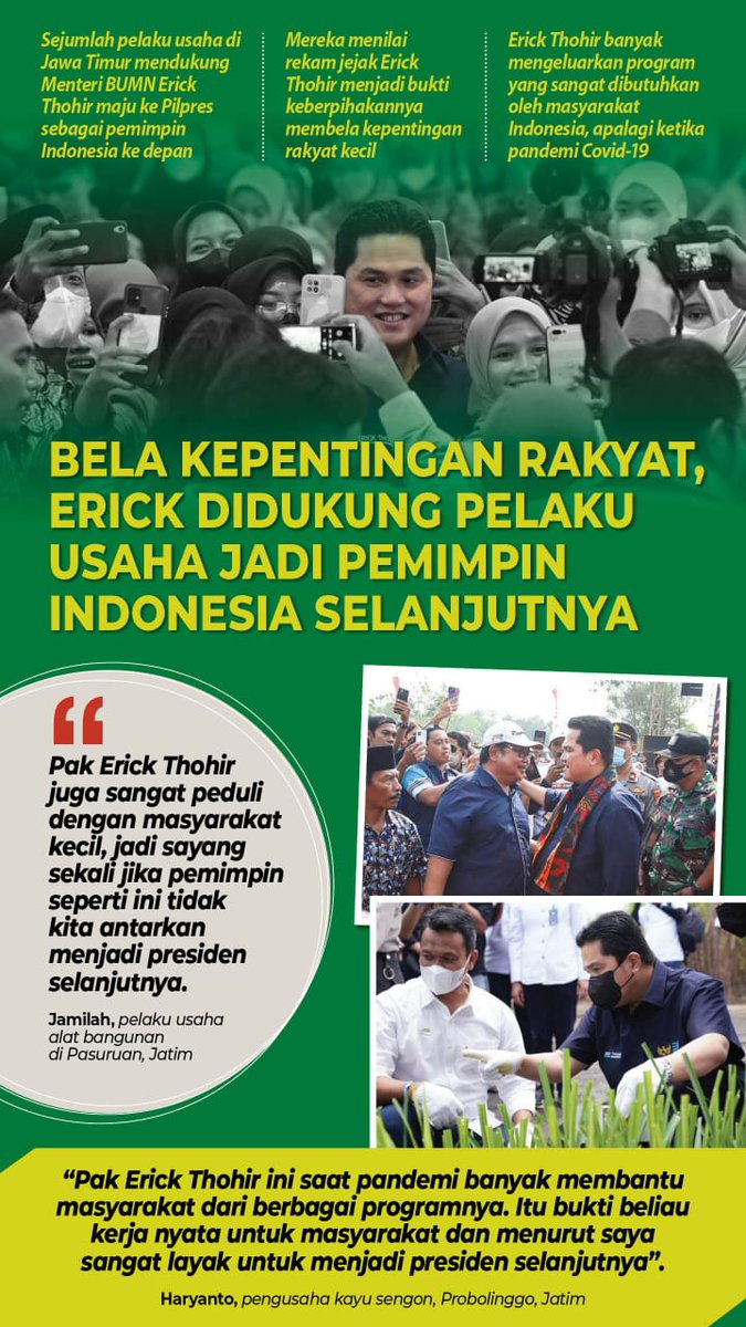 Tidak pernah henti dukungan untuk Menteri BUMN Erick Thohir untuk maju sebagai calon presiden 2024, kali ini dukungan datang dari sejumlah pelaku usaha di Jawa Timur.
Dukungan pelaku usaha karena <a href="/erickthohir/">Erick Thohir</a> sosok yang sangat peduli terhadap rakyat kecil.
#BangkitBersamaET