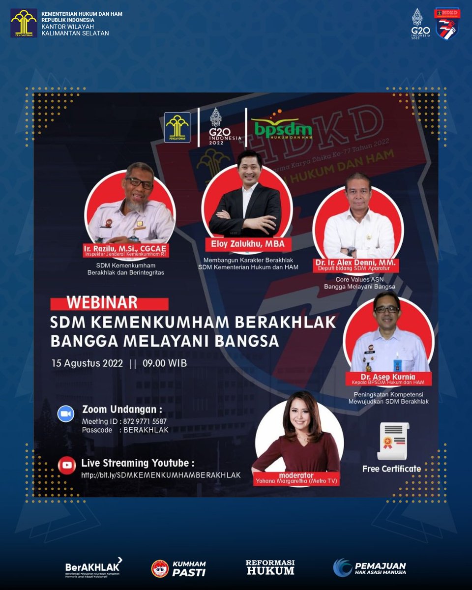 kemenkumkalsel's tweet photo. Yuk ikutin webinar dari @bpsdm_kumham yang digelar dalam rangka HDKD ke-77!
Narasumbernya kece, ilmunya "daging semua" kuy lah ikutan, kalian bakal dapetin sertifikat juga loh!
Save the date! See you there~
#Webinar #HDKD #KanwilKemenkumhamKalsel #KumhamPasti Lilik Sujandi https://t.co/dBMhFV0jHs