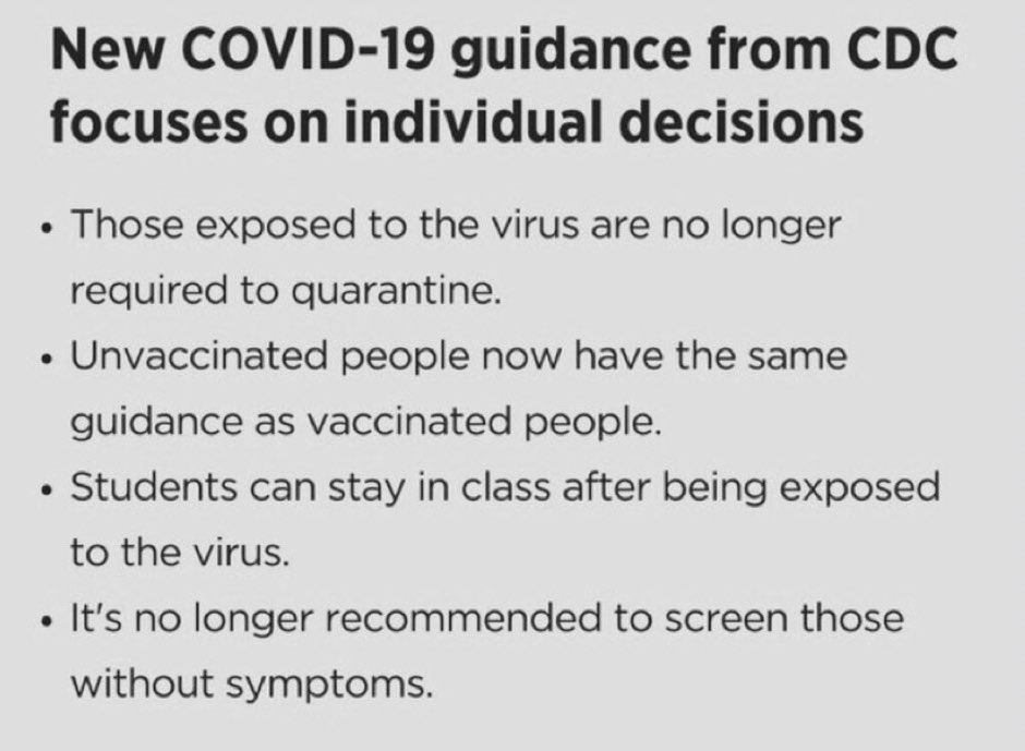 robbystarbuck's tweet photo. Today the CDC changed their guidelines for COVID. They now have the same recommendations for people whether they got the vax or chose not to, no testing asymptomatic people and those exposed to COVID no longer need to quarantine. When do fired troops get their jobs back? https://t.co/il3sXlukKN