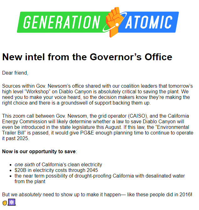 ⚠️URGENT⚠️ 
Submit comments to keep <a href="/savediablo/">SaveDiabloCanyon</a>  running. Help <a href="/EricGMeyer/">Atomic Eric ⚛️✊</a> and <a href="/Gen_Atomic/">Generation Atomic</a>! Click link for more instructions. Let <a href="/GavinNewsom/">Gavin Newsom</a> hear your voice. Deadline: August 12th, 4PM PST!
mailchi.mp/56dc0b346b3d/u…