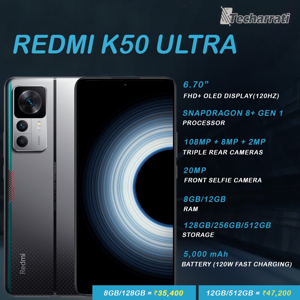 techarrati's tweet image. #Redmi has launched the #K50Ultra smartphone in China. Want it to launch in India?