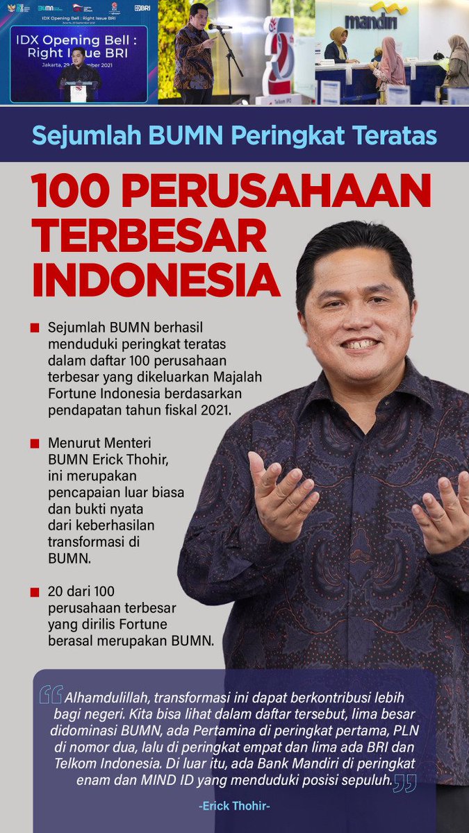 Dari 100 Perusahaan Terbesar Indonesia 20 diantaranya adalah BUMN , yang menjadi Peringkat Teratas.. 
Luar Biasa.. Kinerja Menteri BUMN <a href="/erickthohir/">Erick Thohir</a>
#BangkitBersamaET