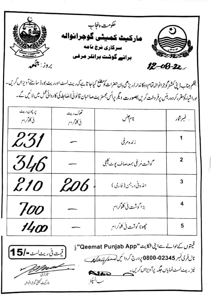 DCGRW's tweet photo. مارکیٹ کمیٹی گوجرانوالہ کی طرف سے آج کے جاری کردہ نرخ نامے 

#Gujranwala
#PricesControl

@GovtofPunjabPK 
@CS_Punjab 
@CommissionerGu3 https://t.co/5lrdoJrxfP