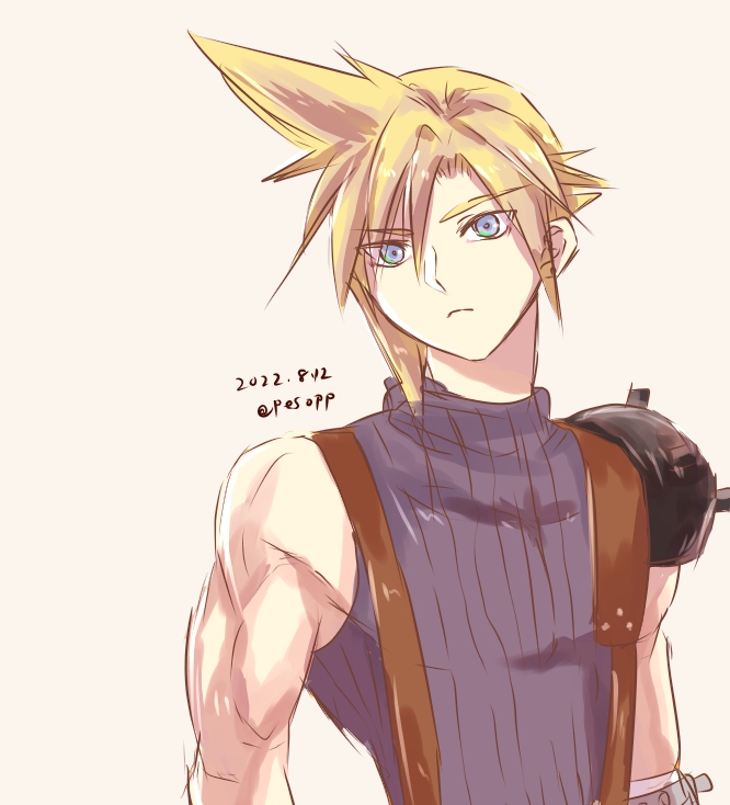 cloud strife 1boy male focus blonde hair solo suspenders spiked hair sleeveless  illustration images