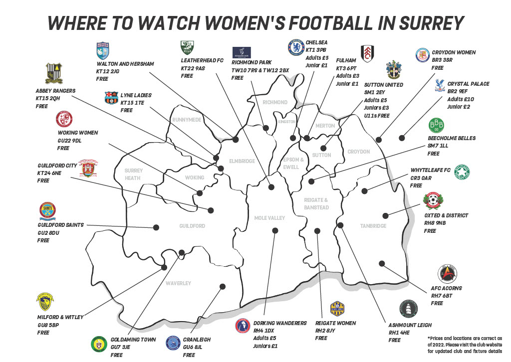 Inspired by the #WEURO2022 and want to watch Women's Football in Surrey? ⚽️🤔

See our map below to find your local team, from the <a href="/BarclaysWSL/">Barclays Women's Super League</a> to Grassroots!🙌 👇