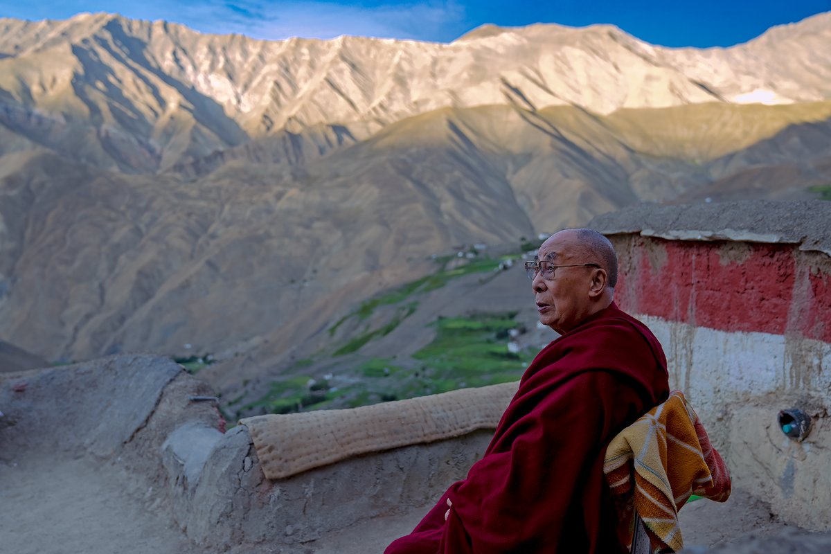 HHDL looking out at the view in the early morning from his residence in the remote Himalayan village of Lingshed, Ladakh, UT, India on August 11, 2022. (Photo by Tenzin Choejor)