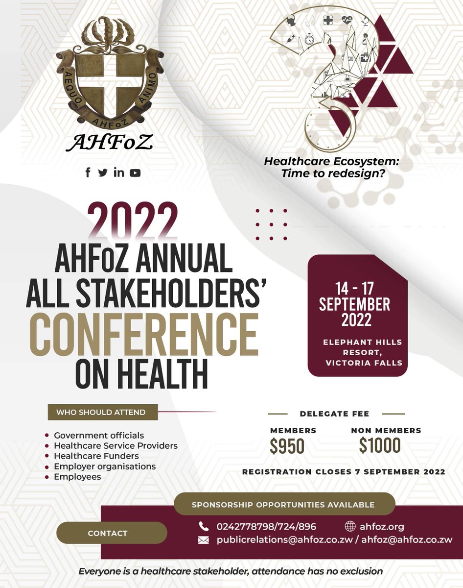 AHFoZZW's tweet photo. Have you registered for attendance to the AHFoZ 2022 Annual All Stakeholders' Conference on Health?
#registertoday
#healthcareecosystem
#timetoredesign?
Click link to view the conference program
https://t.co/zW0N3bnm8I
@MoHCCZim @WHO_Zimbabwe @healthtimeszim https://t.co/hPx7H6hD6f