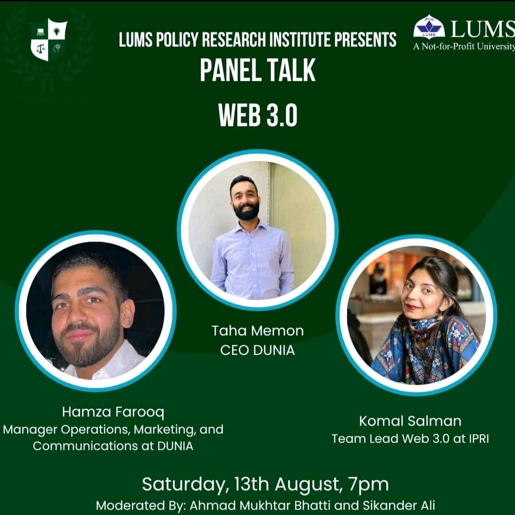 tahadawat's tweet photo. Excited to be speaking at @LifeAtLUMS! Looking forward to our discussion on web3!

Happy to be sharing everything I know :) Also If you'd like me to discuss more on specific topics just lmk in the comments :) 
@wearedunia @clouditwins @hamzafarooq619

#tahamemon
#lums #lumslahore https://t.co/efzrZMkBkV
