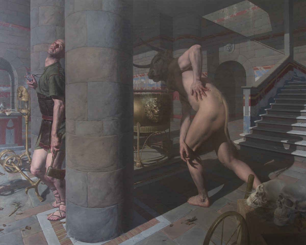 Gm!! 🎨☕️ Perspective WIP shot for my large oil painting 200x160cm `Theseus and the Minotaur'.