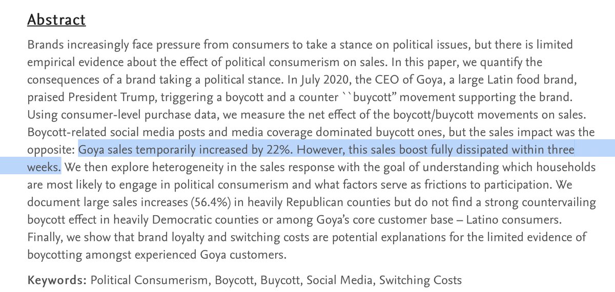 Does brand politicisation change what people actually buy?
Not really.
For Goya, endorsing Trump drove short sales spike for Rep, and a twitter boycott from Dems,
But no long term change in sales in either Rep or Dem counties https://t.co/JjF0vgkJI3