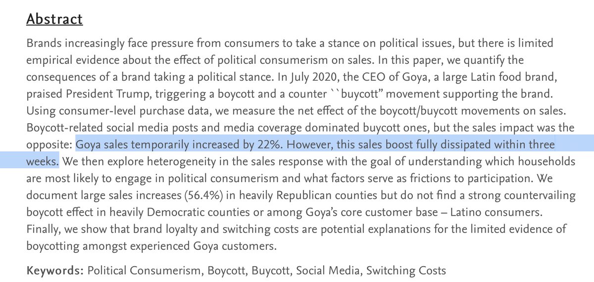 Does brand politicisation change what people actually buy?

Not really. 

For Goya, endorsing Trump drove short sales spike for Rep, and a twitter boycott from Dems, 

But no long term change in sales in either Rep or Dem counties https://t.co/JjF0vgkJI3