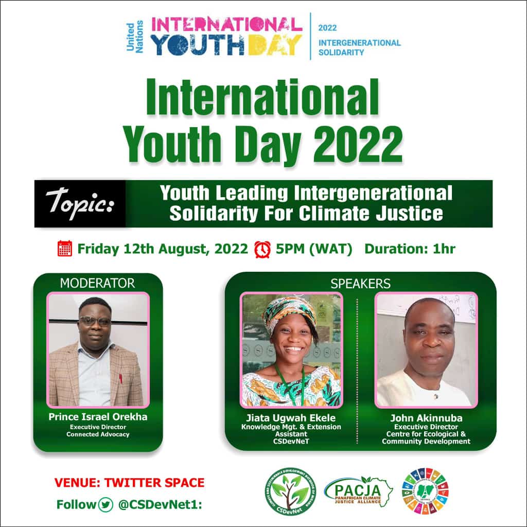AmbGabari's tweet photo. Its International Youth Day 2022!

Join @cecdrainforest &amp; @EkeleJiata, at 5 PM WAT on "Youth Leading Intergenerational Solidarity for #ClimateJustice" moderated by @Connected_Ad 

Join the space 👉 https://t.co/qhffLhf87e 

@CSDevNet1 @PACJA1 @ShagalinkuTv https://t.co/QHtobpD8S5