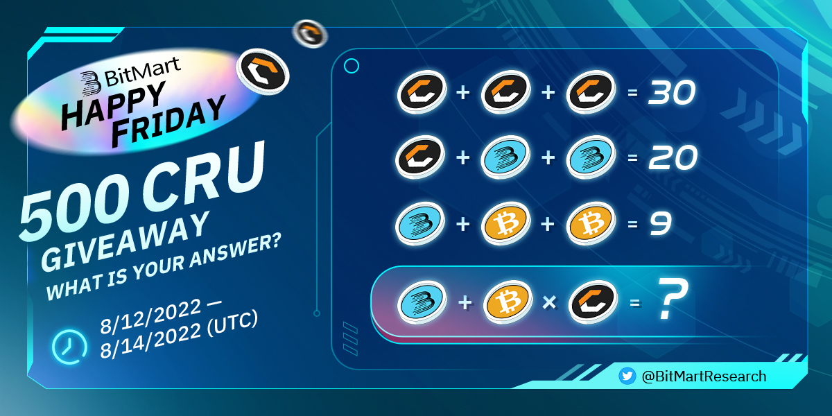 🔥BitMart HAPPY FRIDAY GAME🔥
         CRYPTO MATH GAME

🤔Can you answer this question?
🎁500 $CRU/250 winners

1⃣Follow <a href="/CrustNetwork/">Crust Network</a> <a href="/BitMartResearch/">BitMart Research｜$BMX HODLer</a> <a href="/BitMartEarn/">BitMart Earn, VIP & Institution</a>
2⃣RT &amp; Like &amp; Tag 3 frds
3⃣Fill the Form:bit.ly/3QlXbqT
Register👉datasink.bitmart.site/t/j