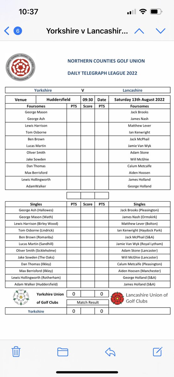 YUGCUK's tweet image. Updated team sheet following a call up for ⁦@BirleyWoodGC⁩ Lewis Harrison at ⁦@HuddersfieldGC⁩ in the Roses match v ⁦@Lancashiregolf⁩