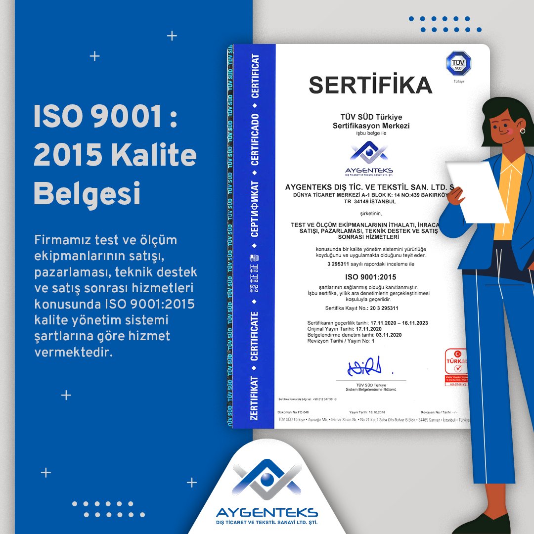 Firmamız test ve ölçüm ekipmanlarının satışı, pazarlaması, teknik destek ve satış sonrası hizmetleri konusunda ISO 9001:2015 kalite yönetim sistemi şartlarına göre hizmet vermektedir.

#tekstil #tekstilmakinaları #aygenteks #testcihazları #ölçümekipmanları