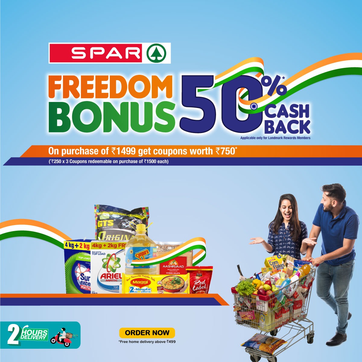 SparIndiaHyper's tweet photo. SPAR celebrates India's 75th Independence Day with Rs. 750 cashback! ๐ฎ๐ณ
Shop for Rs. 1499 and get a flat 50% cashback. Shop at your nearest store and avail this offer today! โจ
#SPAR #SPARStore #IndependenceDayOffer #VisitNow #75thIndependence https://t.co/E3YHMUTMti