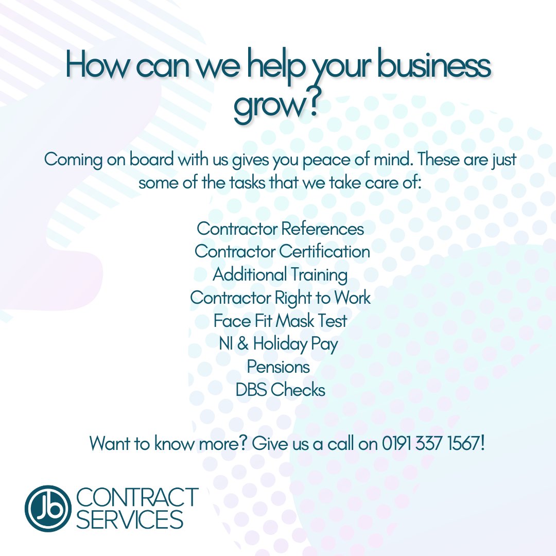 Why should you use JB Contract Services for your recruitment needs? 🤔 

We have over 30 years' combined experience in the recruitment industry, so we know all of the issues that crop up and how to deal with them ✍🏽 ☎️ 

Call now on 0191 337 1567 📞