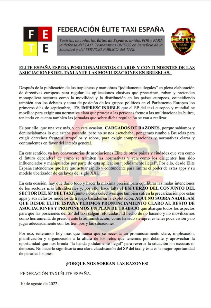 🔴COMUNICADO ÉLITE TAXI ESPAÑA