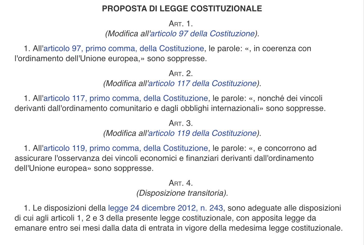 Fratelli d’Italia ha depositato due proposte di riforma costituzionale che, nell’affermare la priorità del diritto interno su quello comunitario, scardinano i princípi su cui si fonda l’Unione Europea. Se introdotte, porterebbero l’Italia fuori dall’Ue.
Questo è ciò che rischiamo