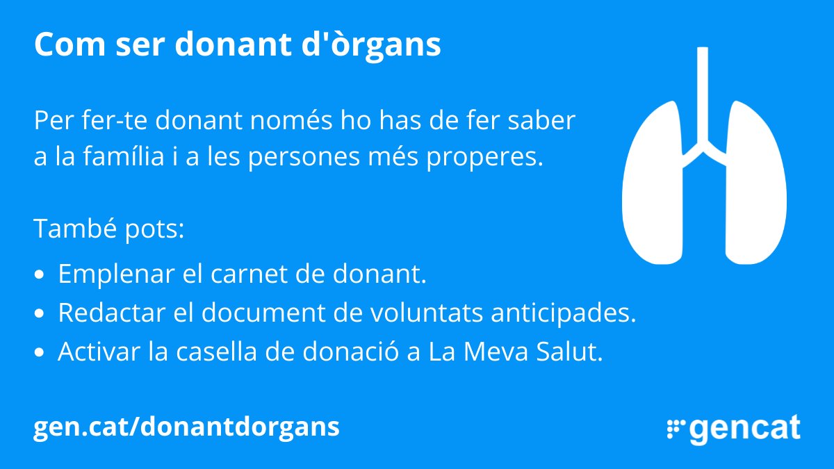 icscatcentral's tweet photo. Si vols ser donant d'òrgans i teixits, comunica-ho a la família i els amics més íntims per deixar-ne constància.👉https://t.co/zM4KQmDaJV

També ho pots evidenciar:

💳Fent-te el carnet de donant.
🖥 Indicant-ho a ‘La Meva Salut’.
📄En el document de voluntats anticipades (DVA). https://t.co/L2doz0zO3V