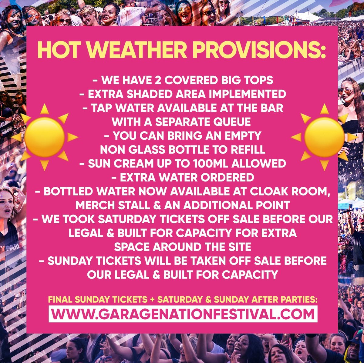 We have beautiful hot weather this weekend but remember to wear sun protection, stay hydrated & be sensible! Saturday After Party @ Palm Beach in Croydon Tickets & Final Sunday Tickets at garagenationfestival.com
