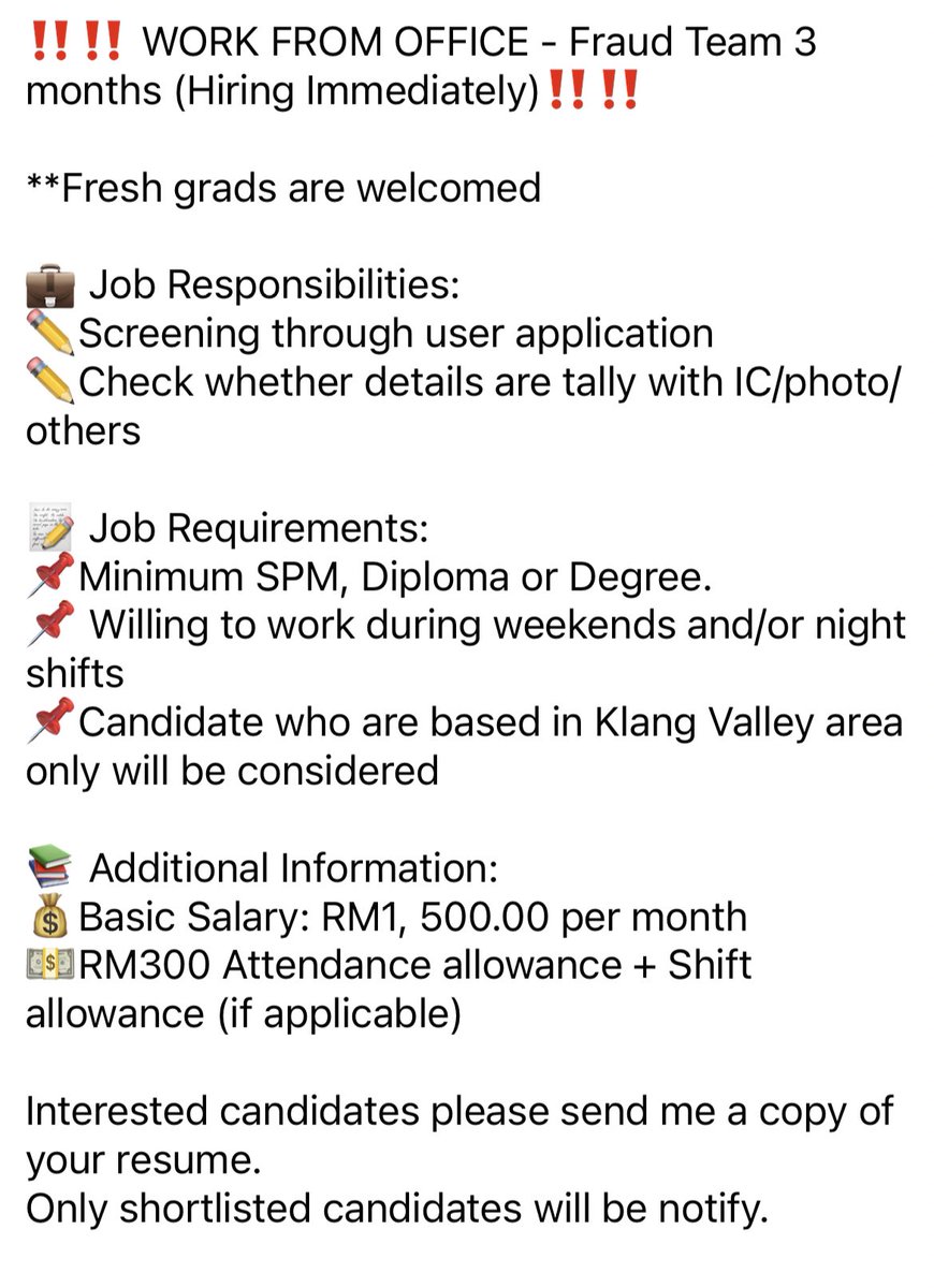 Hi everyone! I am looking to hire for below position. Anyone interested can just whatsapp me for more details. wa.link/pi8kyc @Kerjacarirezeki @twt_kerjaMY @KerjaKosongWoi @twt_penganggur @Oh_KerjaKosong @CKKMY18 @JobVacanciesMY @kerja_kosongMY @kerjakosong123