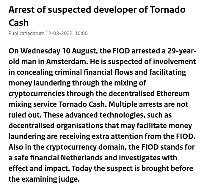 LefterisJP's tweet photo. Developer of @TornadoCash arrested in the Netherlands?

https://t.co/guSM775FoM https://t.co/B6z6NIxDTp