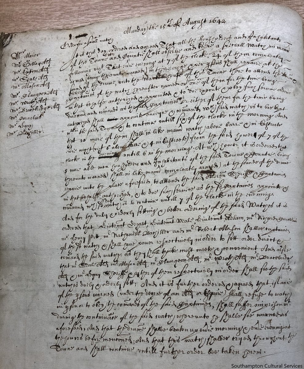 In August 1642, Soton was under threat of attack during the Civil War. This order from our archives instructed the townspeople to guard the town through the night 
#SotonAfterDark #EnglishCivilWar #1600s