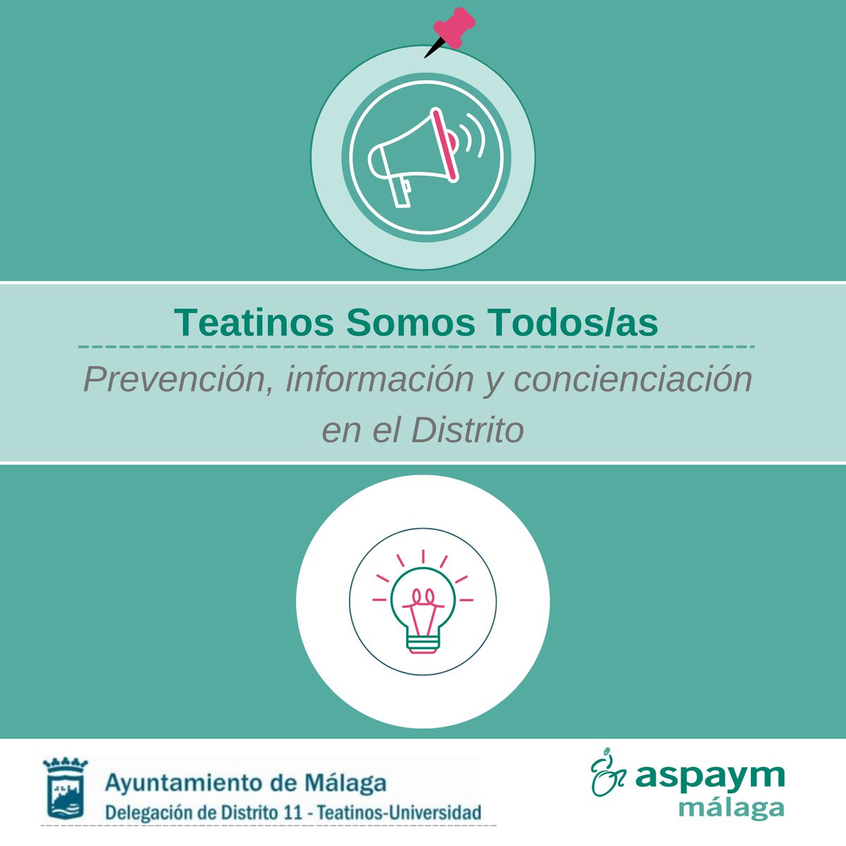 Aspaym_malaga's tweet photo. ➡️ ‘’Teatinos somos Todo/as’’: #prevención, #información y #concienciación en el Distrito:
1️⃣#Sensibilizar y crear #actitudespositivas hacia personas con #discapacidad
2️⃣#Informar y #asesorar a #personasmayores para prevenir discapacidades
Subv. @malaga (Distrito nº11 Teatinos) https://t.co/hBxQYPwgLq