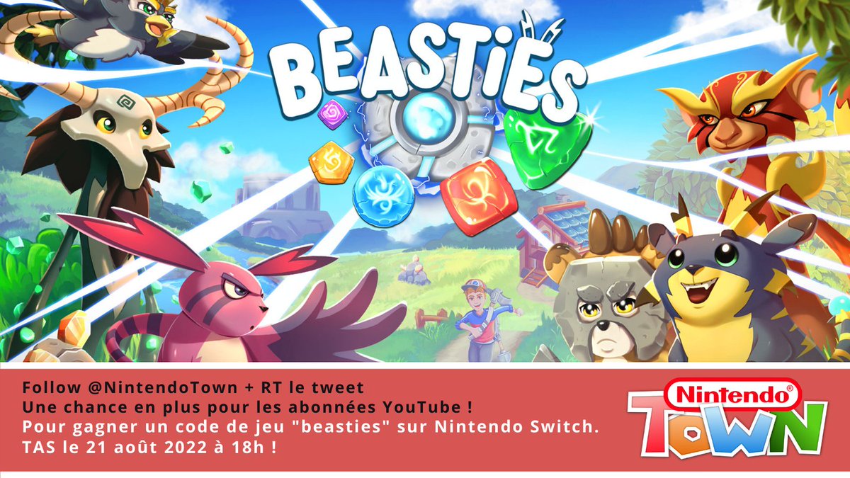 NintendoTown's tweet photo. CONCOURS
Gagner un code de jeu BEASTIES sur #NintendoSwitch

✅Pour participer : Follow @NintendoTown
 + RT le tweet. 📅TAS le 21 Août, 18h. 

🍀Une chance supplémentaire pour les abonnées YouTube avec capture d'écran en commentaire ! https://t.co/6xGhKEqS81

#concours #giveaway https://t.co/Gk6Dl0rJtz