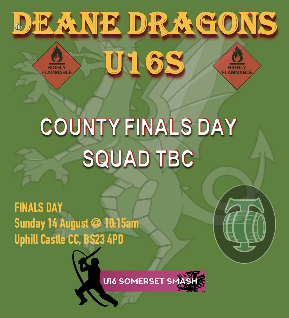 TDCCdragons's tweet photo. Come and support the @tauntondeanecc lads at the inaugural @SomCricketFDN U16 County Cup finals day
🆚 QF Shapwick &amp; Polden
📍QF &amp; SF @UphillCastleCC Final @wsmcricketclub 
📆Sunday 14th August 
🕕QF 10:15, SF 13:15, Final 16:15
🍺+BBQ at both clubs https://t.co/I0fHpPrI03